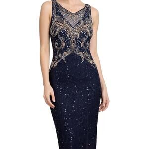 Vintage Alyce Designs Evening Dress 80s Rhinestone Beaded Sequin Navy 16